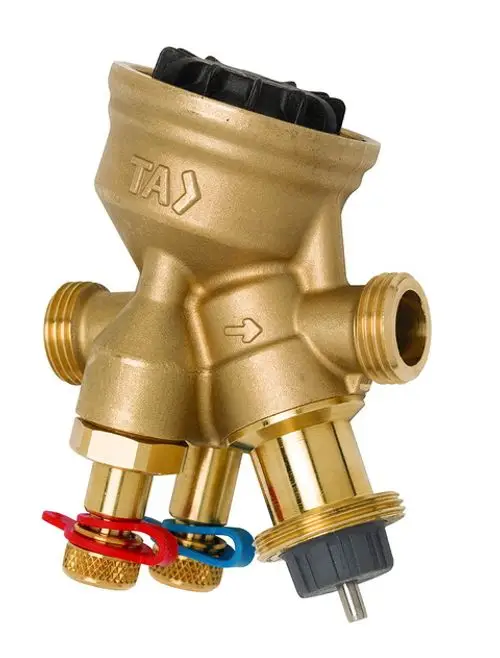 Druckunabhängiges Regel- und Regulierventil aus Messing von IMI Hydronic Engineering mit mehreren Anschlüssen und einer schwarzen Einstelloberfläche.